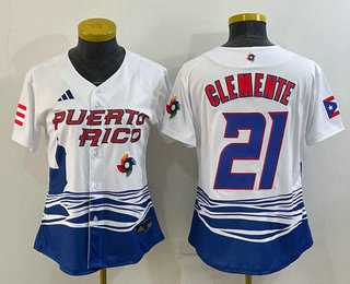 Womens Puerto Rico Baseball #21 Roberto Clemente 2023 White World Classic Stitched Jersey